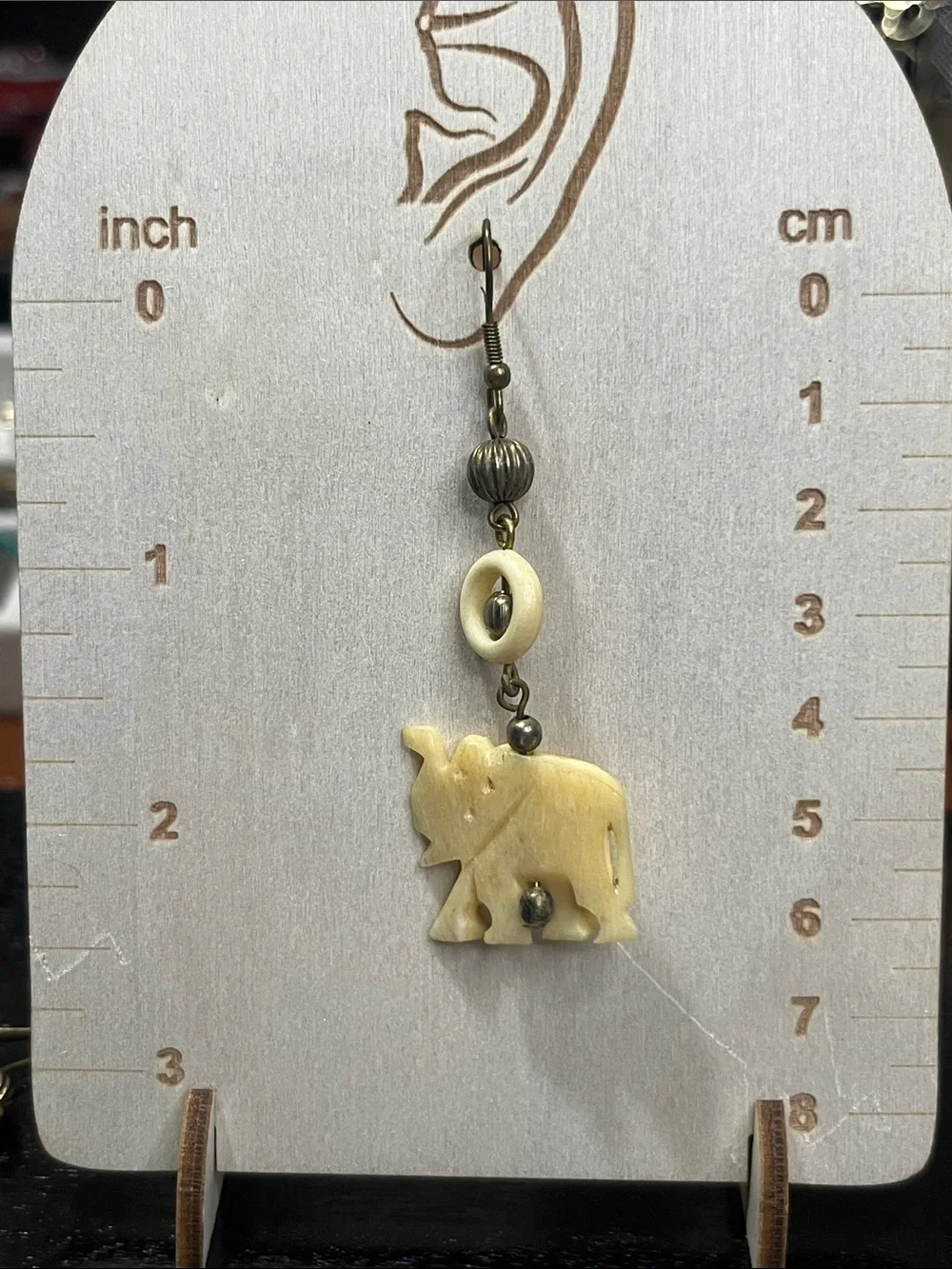 Handcrafted Cream Elephant Drop Earrings with Antique Brass Accents